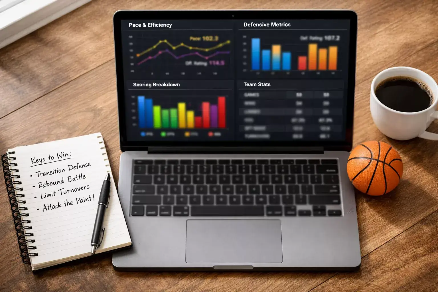 Portátil mostrando gráficos de estadísticas avanzadas de baloncesto con libreta de notas al lado
