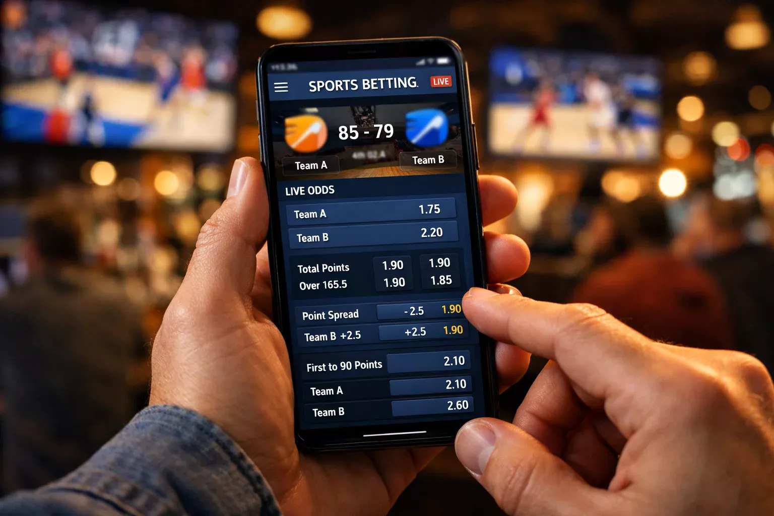 Manos sosteniendo smartphone con aplicación de apuestas durante partido de baloncesto NBA