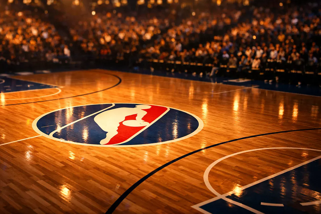 Cancha NBA iluminada durante partido nocturno con gradería repleta de aficionados