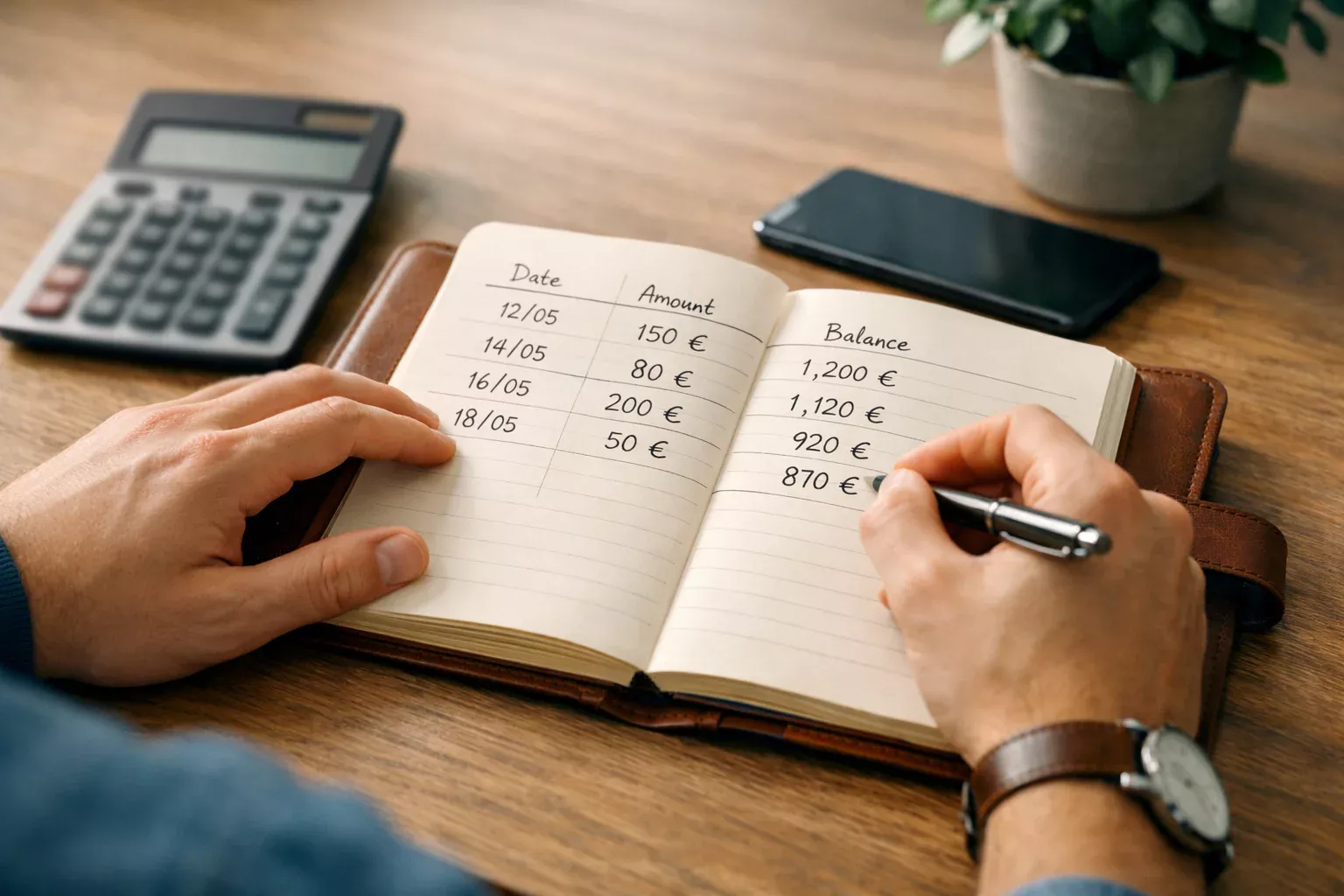 Persona escribiendo en libreta con planificación financiera y símbolo de euro visible