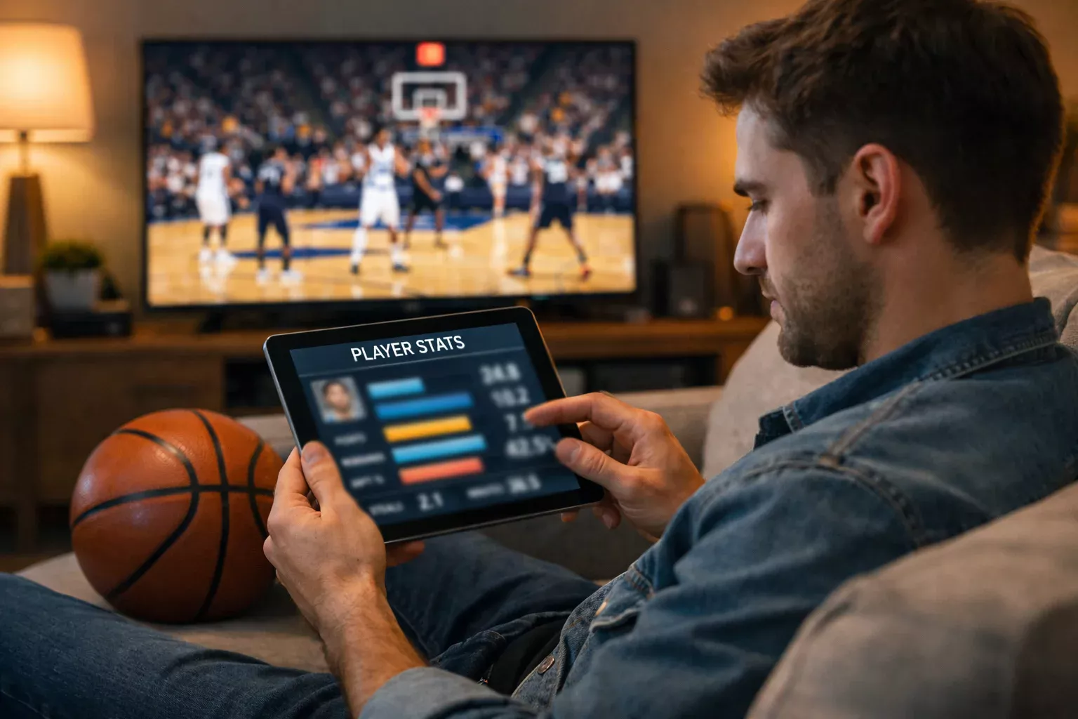 Aficionado analizando estadísticas de jugadores NBA en tablet mientras ve partido en televisión